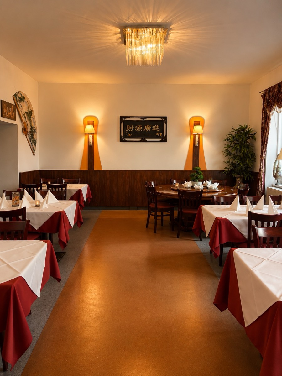Restaurant ASIA – Gastraum mit roten Tischdecken