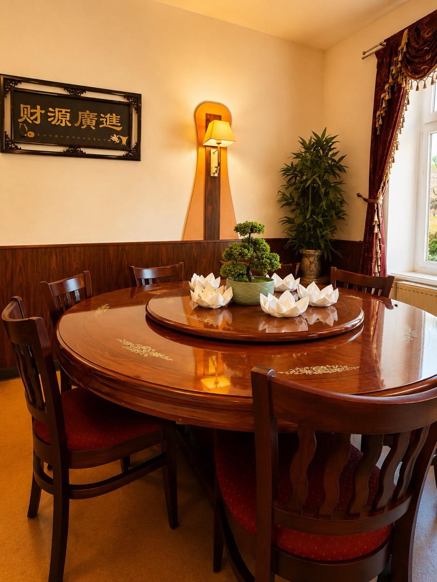 Restaurant ASIA – runder Tisch mit Lotus-Servietten